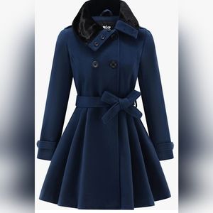 Women's Fashion Faux Fur Lapel Double-Breasted Thick Wool Trench Coat by GGleaf